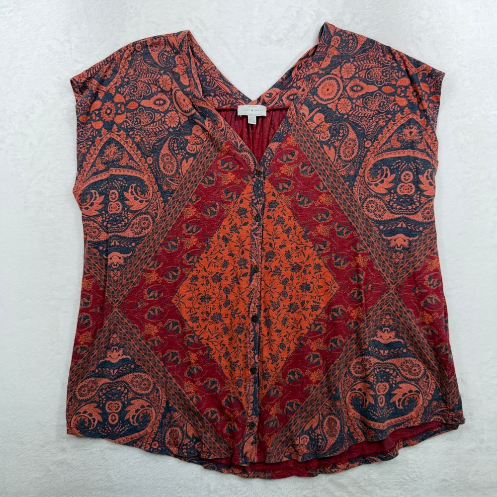 Lucky Brand Plus 1X Boho Top Button Front Cap Sleeve Paisley Medallion Peasant - Picture 2 of 12